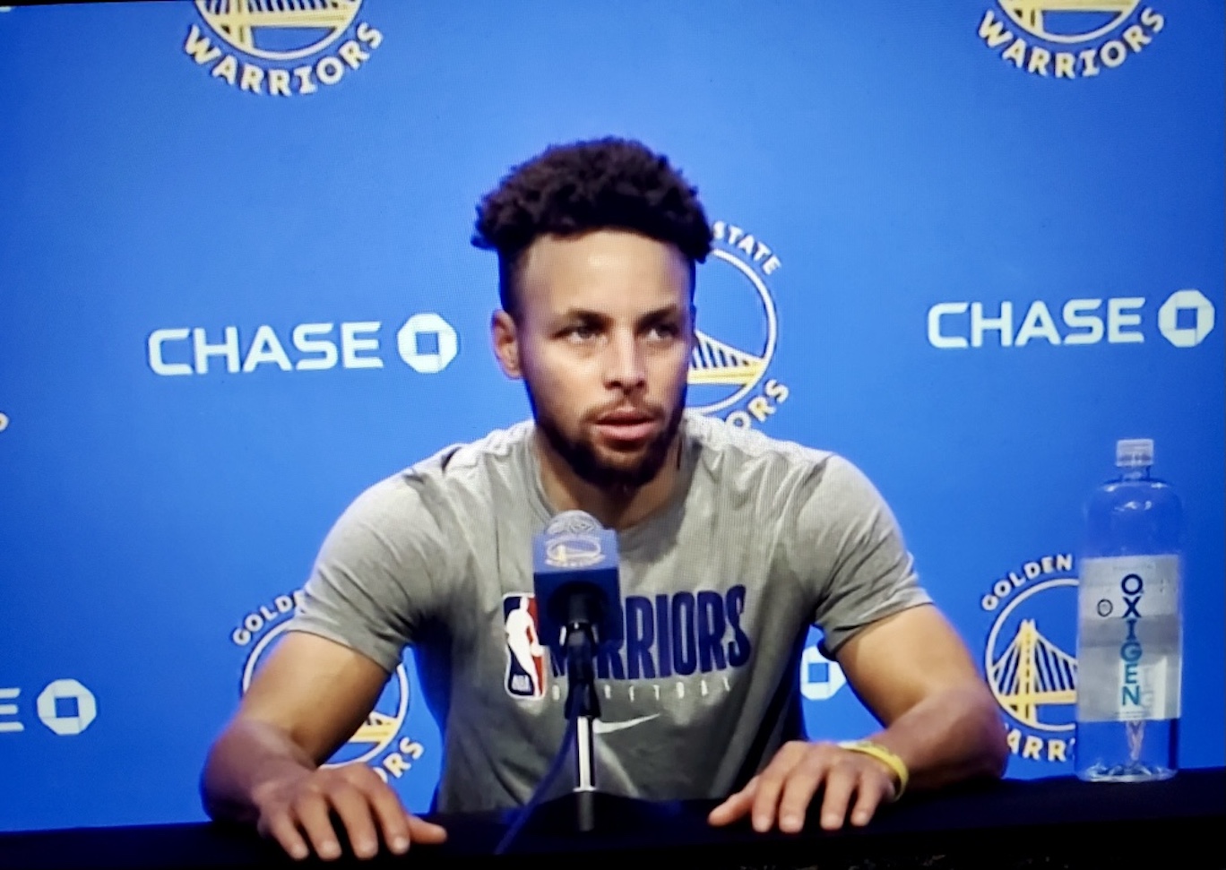 Steph Curry talks with media before tip-off  against the Trail Blazers tonight